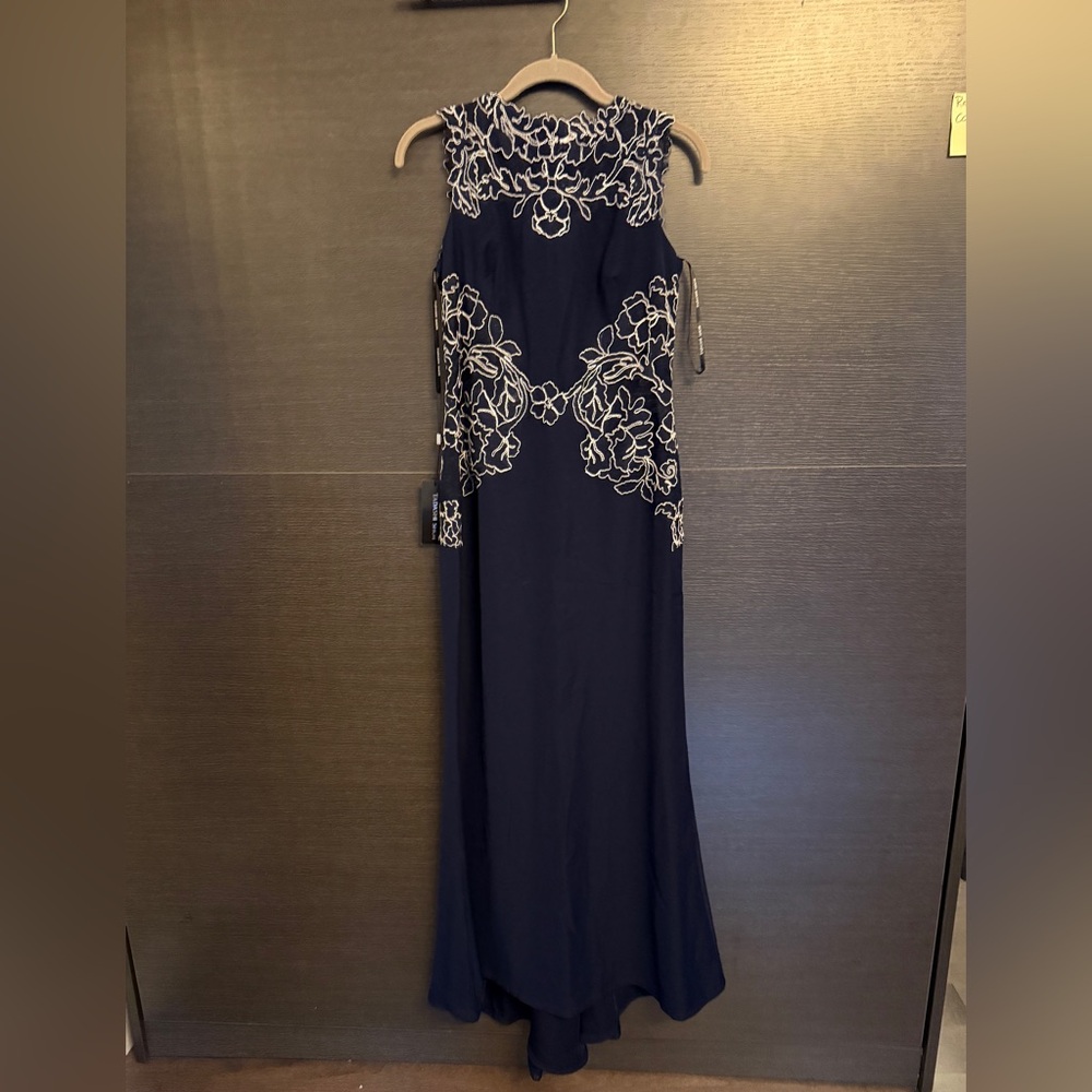 Tadashi Shoji Deep Blue Dress with White Embroidery
